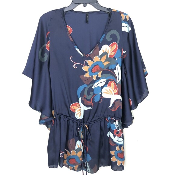 Colorful Floral Top Oversize S Butterfly Short Sleeve Navy Satin Blouson Slouchy - Picture 11 of 12